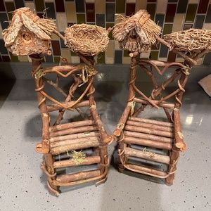 Vintage twig ornamental chair decorations with birdhouse and birds nest